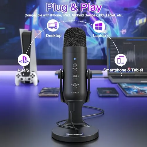 ZealSound USB Microphone,Condenser Computer PC Mic,Plug&Play Gaming Microphones for PS 4&5.Headphone Output&Volume
