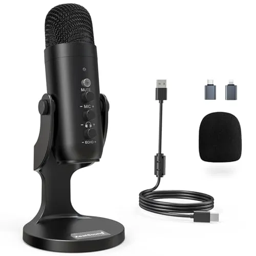 ZealSound USB Microphone,Condenser Computer PC Mic,Plug&Play Gaming Microphones for PS 4&5.Headphone Output&Volume