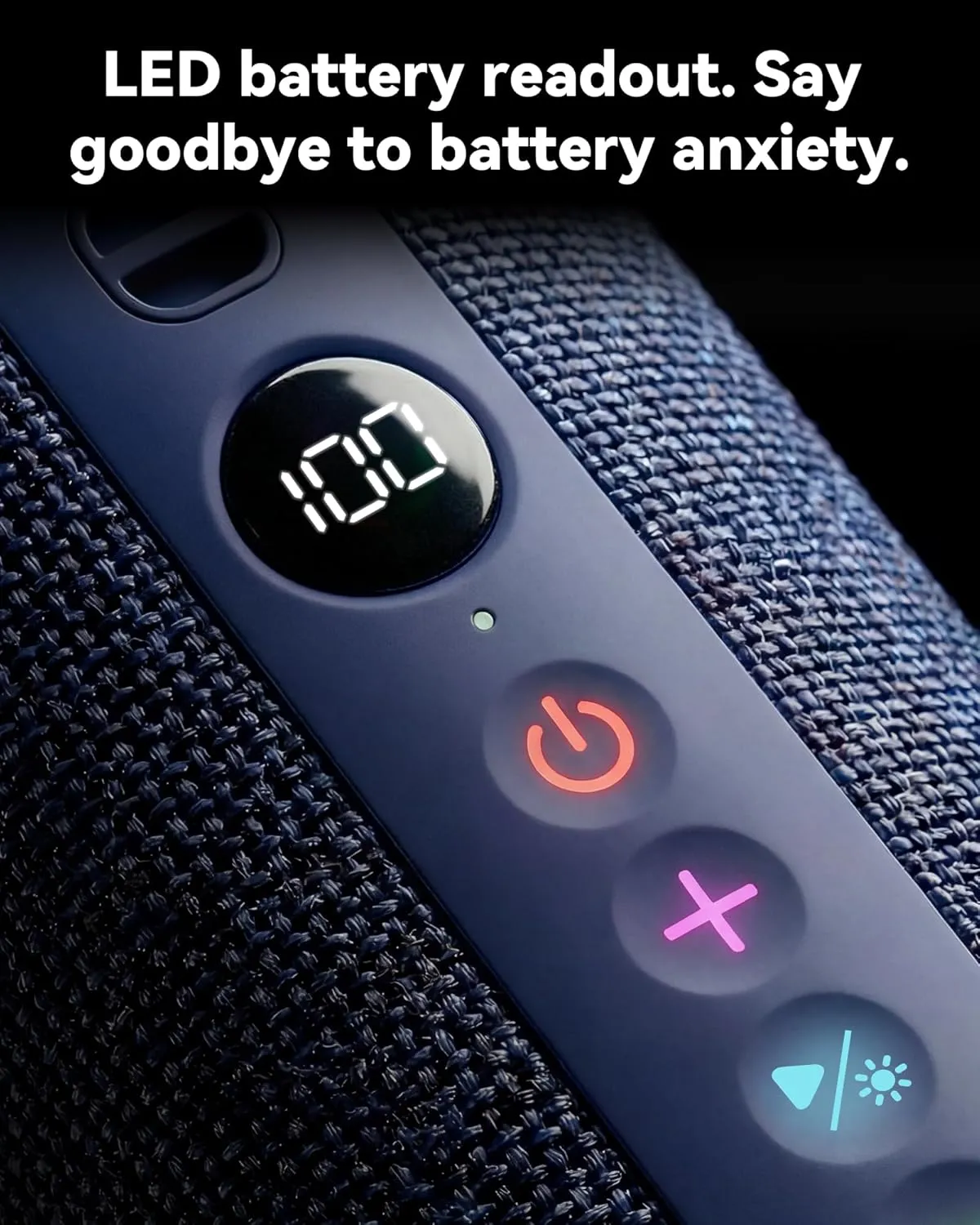 Close-up of the BassBloom Roar 3's LED battery display and touch control buttons