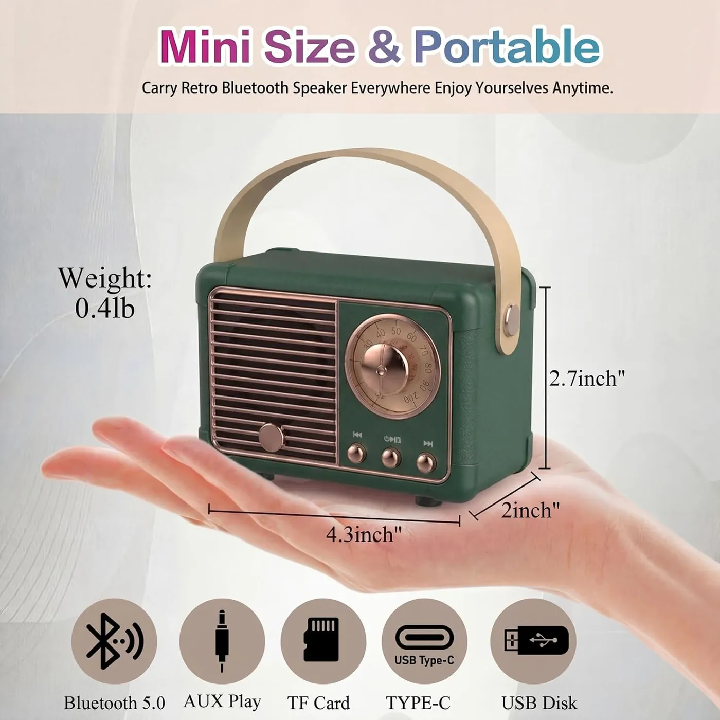 Dosmix retro speaker held in a palm, showing its compact 0.4 lb size and Bluetooth 5.0, AUX, TF card and USB connectivity icons