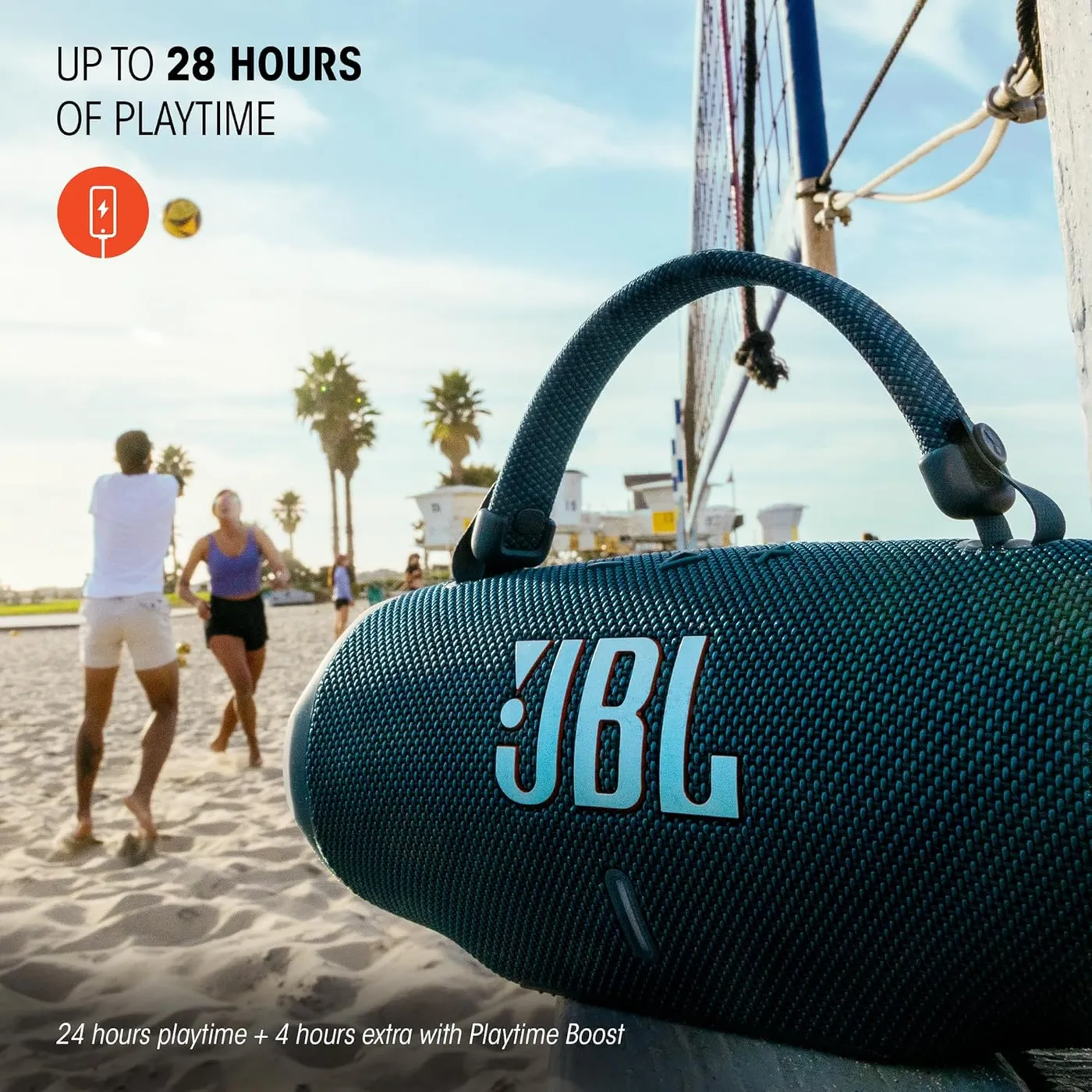 JBL Charge 6 lifestyle marketing photo at the beach pier highlighting up to 28 hours of playtime with Playtime Boost