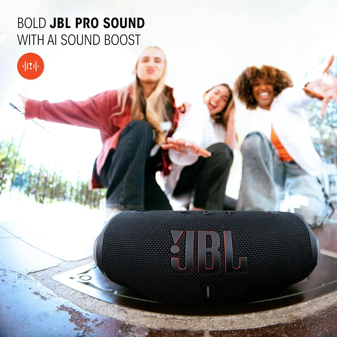 JBL Charge 6 lifestyle marketing photo with friends featuring Bold JBL Pro Sound and AI Sound Boost branding
