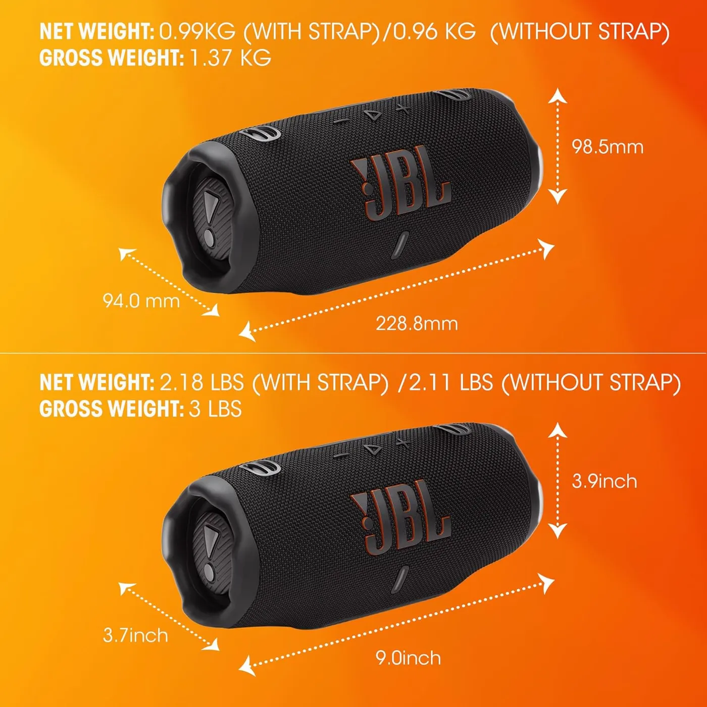 JBL Charge 6 dimensions diagram showing 228.8mm length, 99.6mm depth, 98.6mm height, and 0.99 kg weight with strap