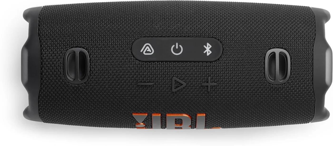 JBL Charge 6 top control panel showing AuraCast, power, Bluetooth, play, and volume buttons