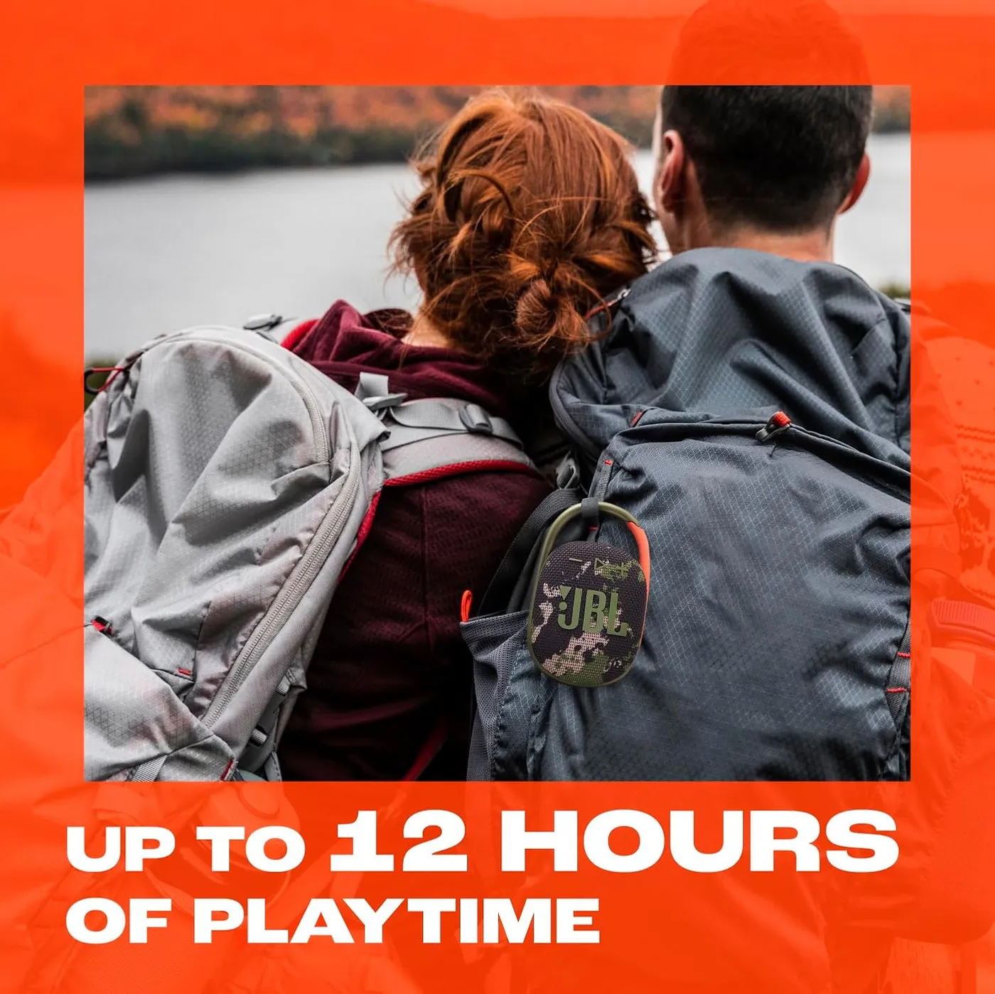 JBL Clip 5 marketing graphic highlighting up to 12 hours of battery playtime for outdoor use