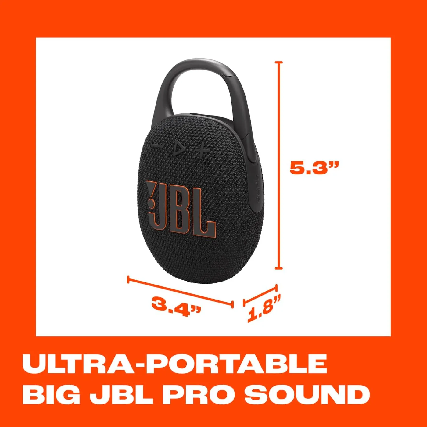 JBL Clip 5 dimensions diagram showing 5.3 by 3.4 by 1.8 inch ultra-portable size