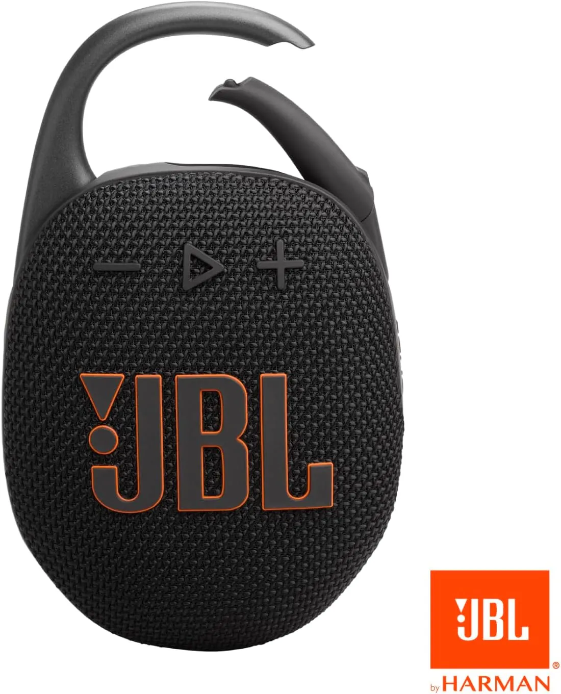 JBL Clip 5 front view with playback controls and JBL Harman branding badge