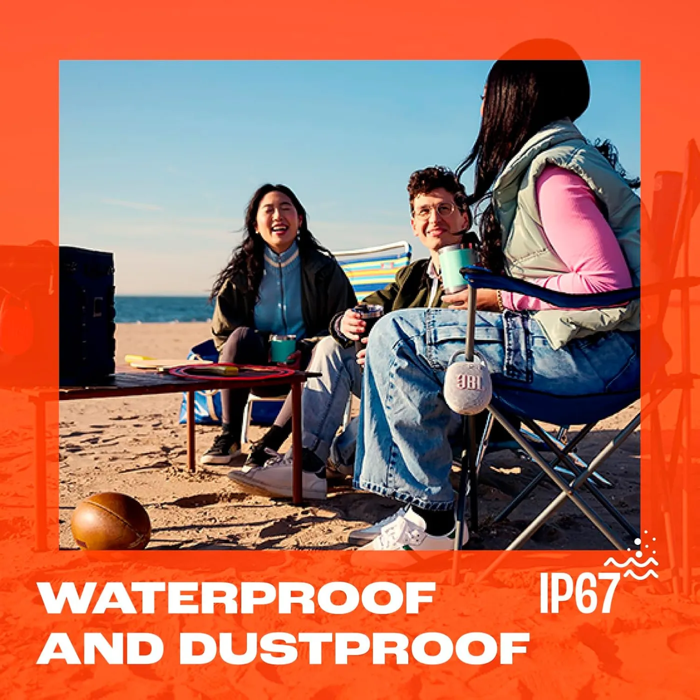 JBL Clip 5 marketing graphic highlighting IP67 waterproof and dustproof rating in a beach setting