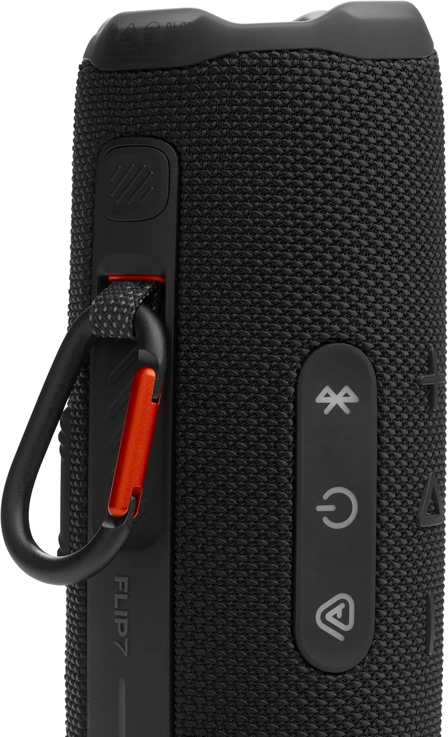 Close-up of the JBL Flip 7 PushLock attachment system with the carabiner clipped on and the control buttons visible