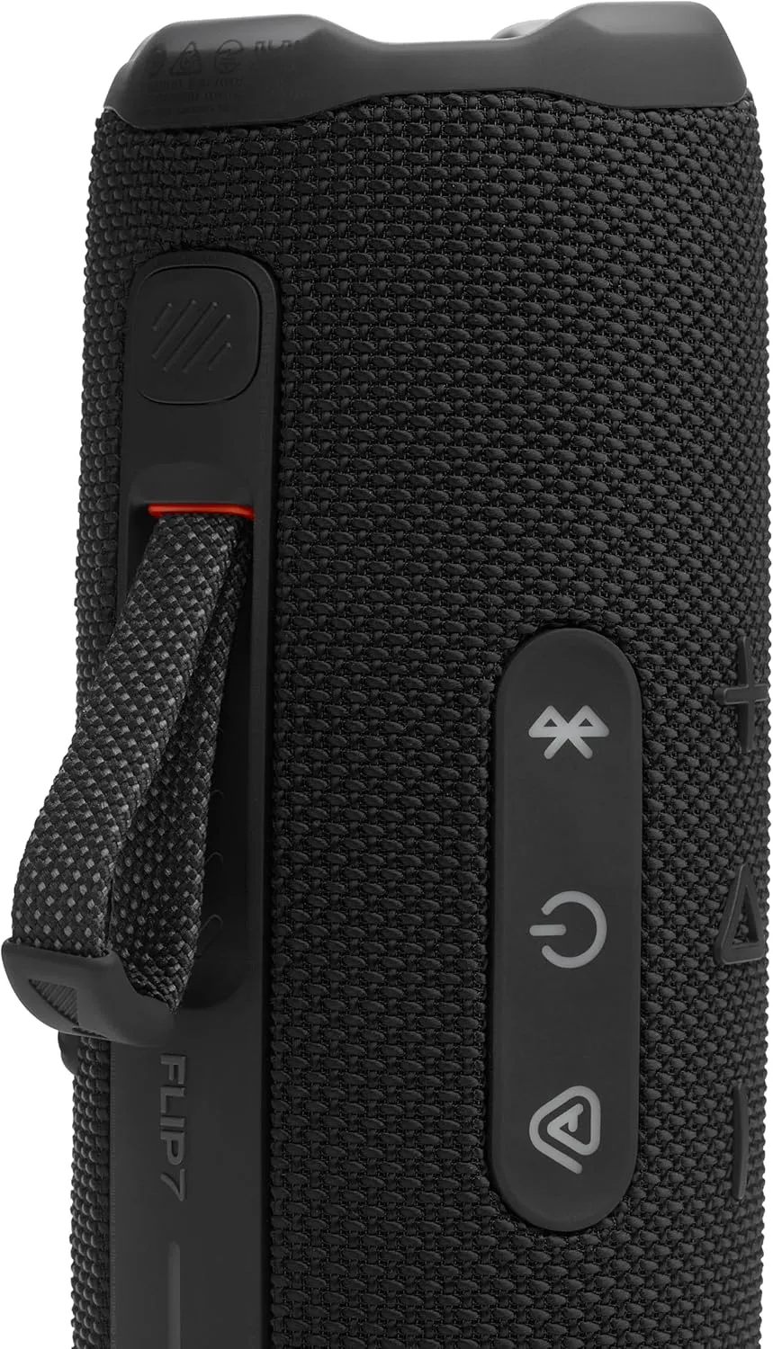 Side view of the JBL Flip 7 showing the control button column with skip, power, and play buttons
