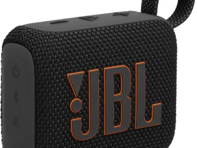 JBL Go 4 ultra-portable Bluetooth speaker in black with carabiner loop, front view showing JBL logo