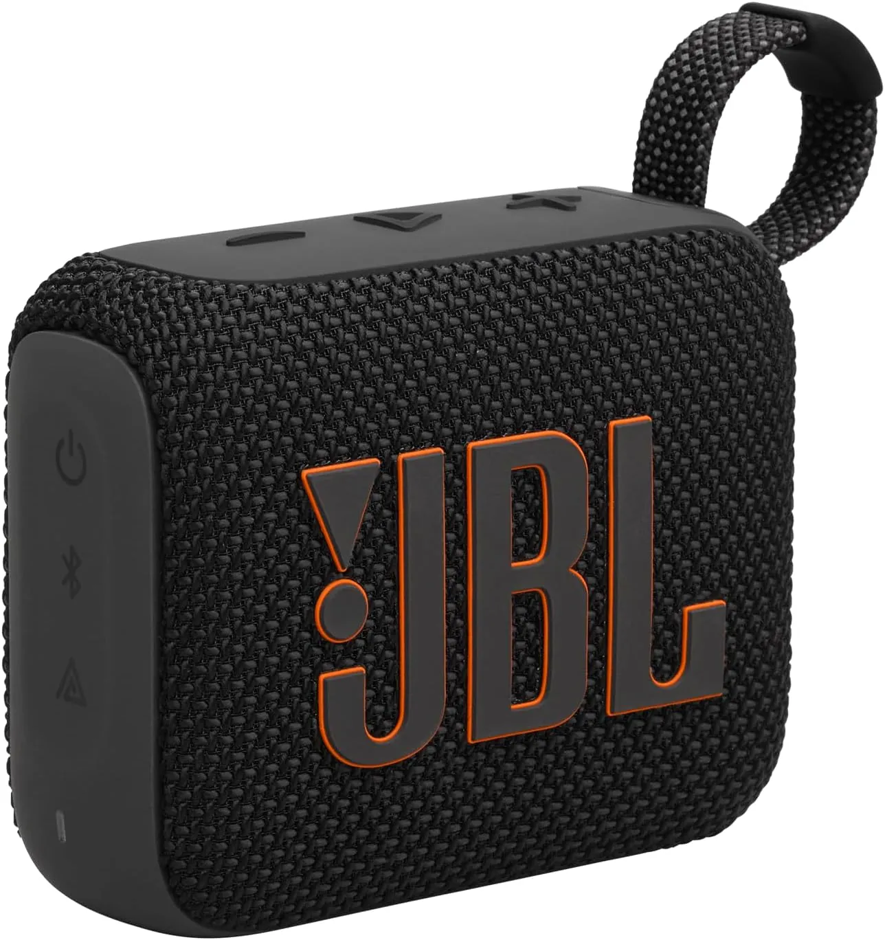 JBL Go 4 ultra-portable Bluetooth speaker in black with carabiner loop, front view showing JBL logo