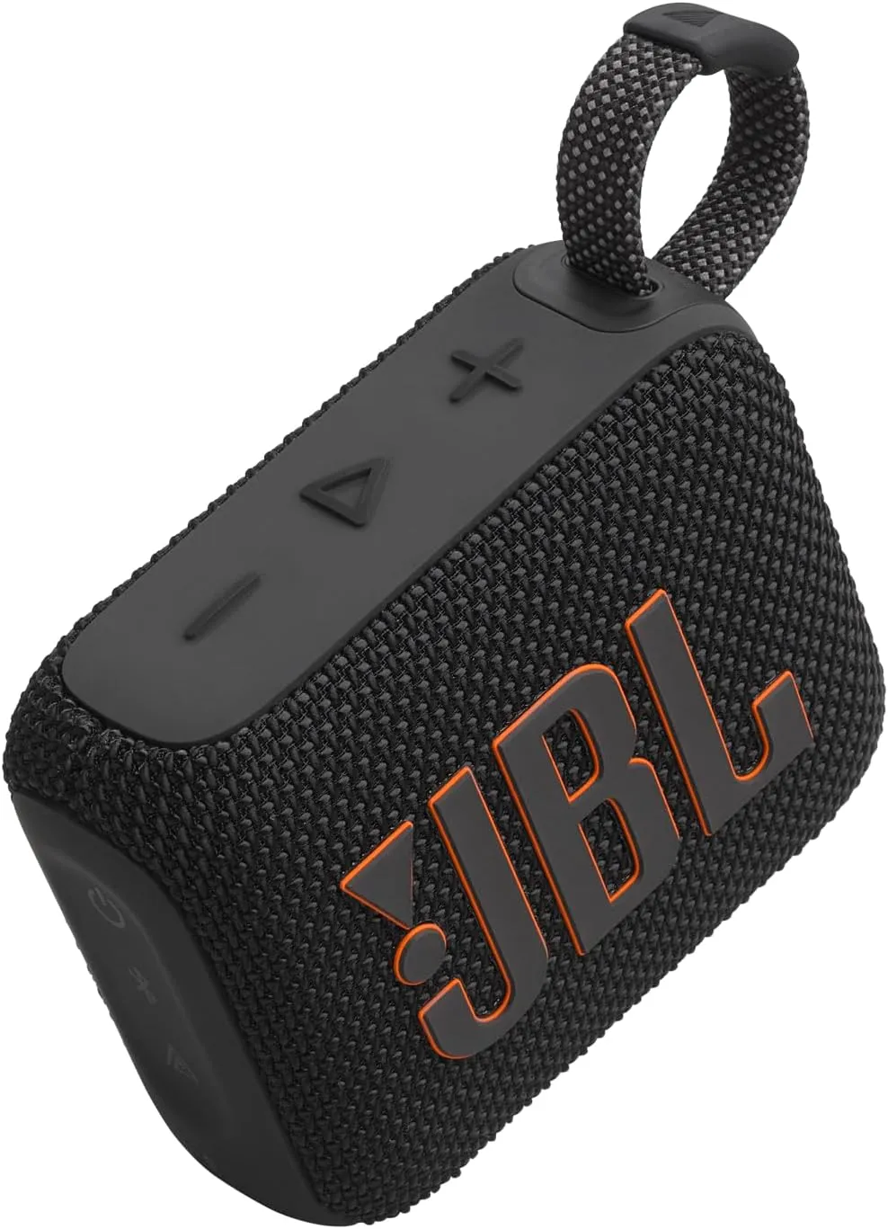 JBL Go 4 angled view showing control buttons and integrated carabiner loop