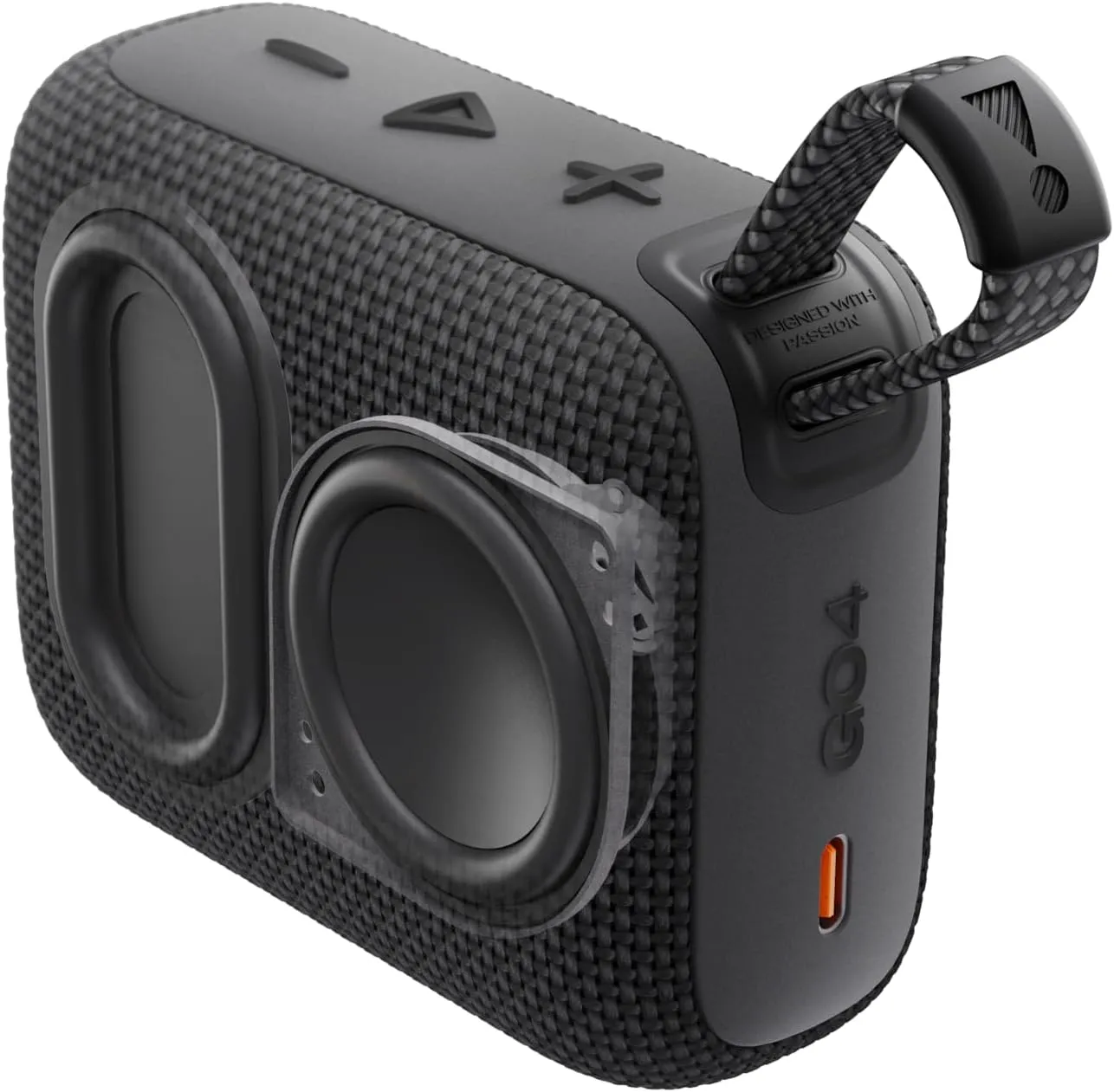JBL Go 4 internal cutaway showing dual-driver speaker arrangement