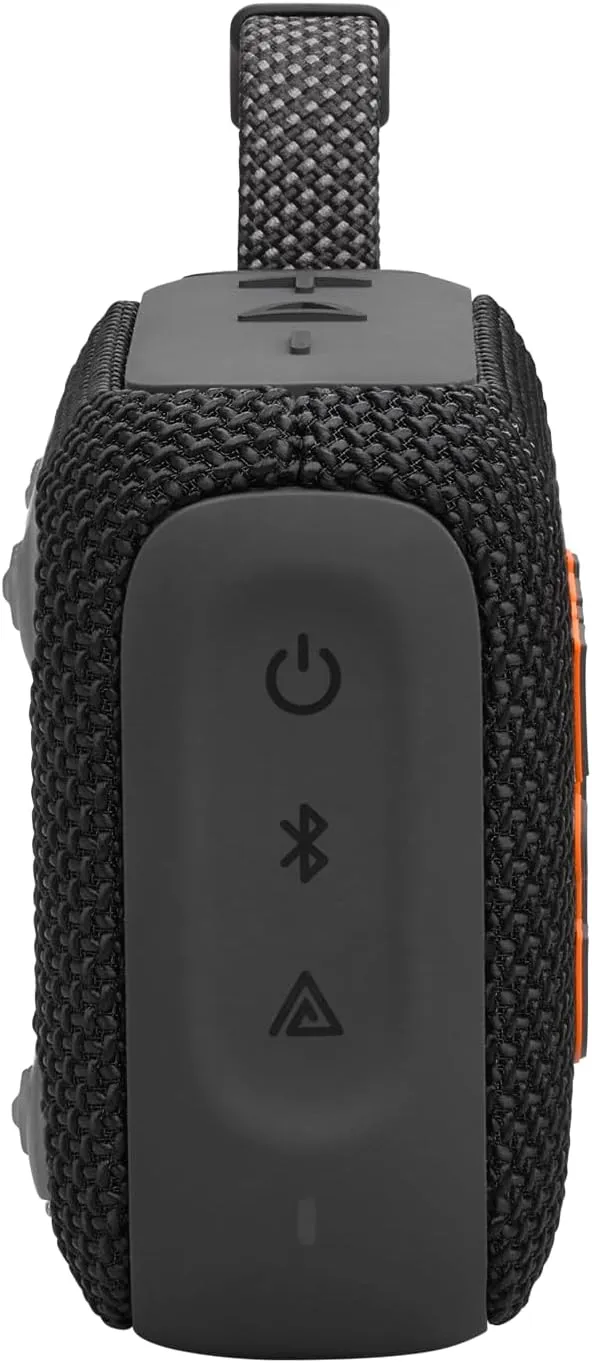JBL Go 4 side profile close-up showing power button and rugged construction
