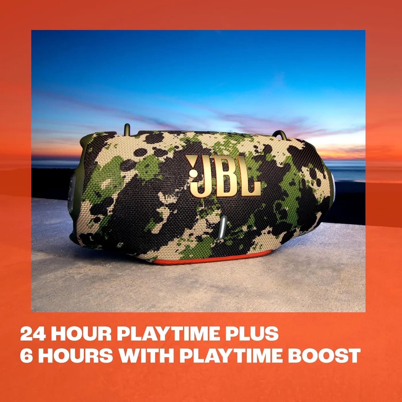 JBL Xtreme 4 in the camouflage finish on a beach at sunset, illustrating the 24-hour playtime plus 6-hour Playtime Boost