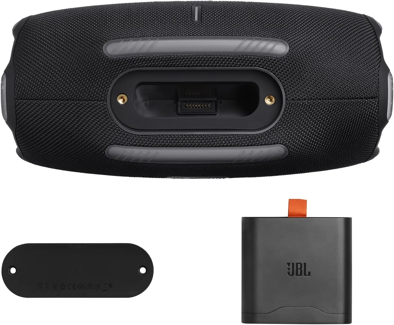 JBL Xtreme 4 rear view shown with its bundled PD adaptor and a removable port cover