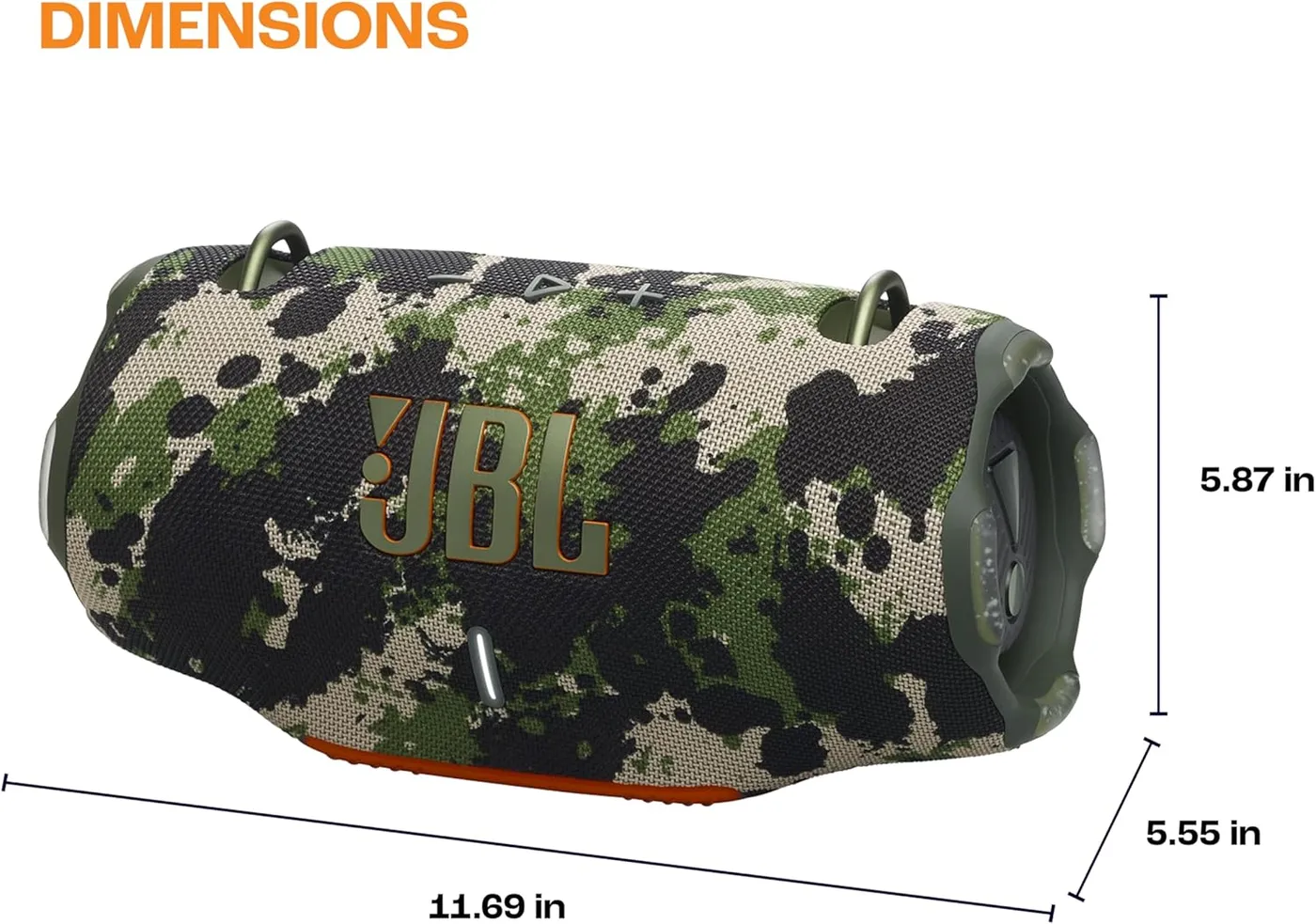 JBL Xtreme 4 dimensions diagram: 11.69 inches long, 5.55 inches deep, and 5.87 inches tall, shown on the camouflage variant