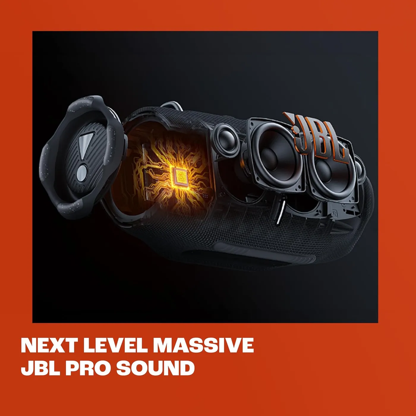 Exploded cutaway of the JBL Xtreme 4 driver array showing two woofers, dual tweeters, and dual JBL bass radiators