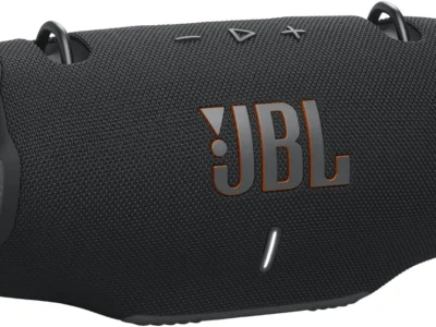JBL Xtreme 4 portable Bluetooth speaker in black, side view showing the JBL logo and strap mounting hooks
