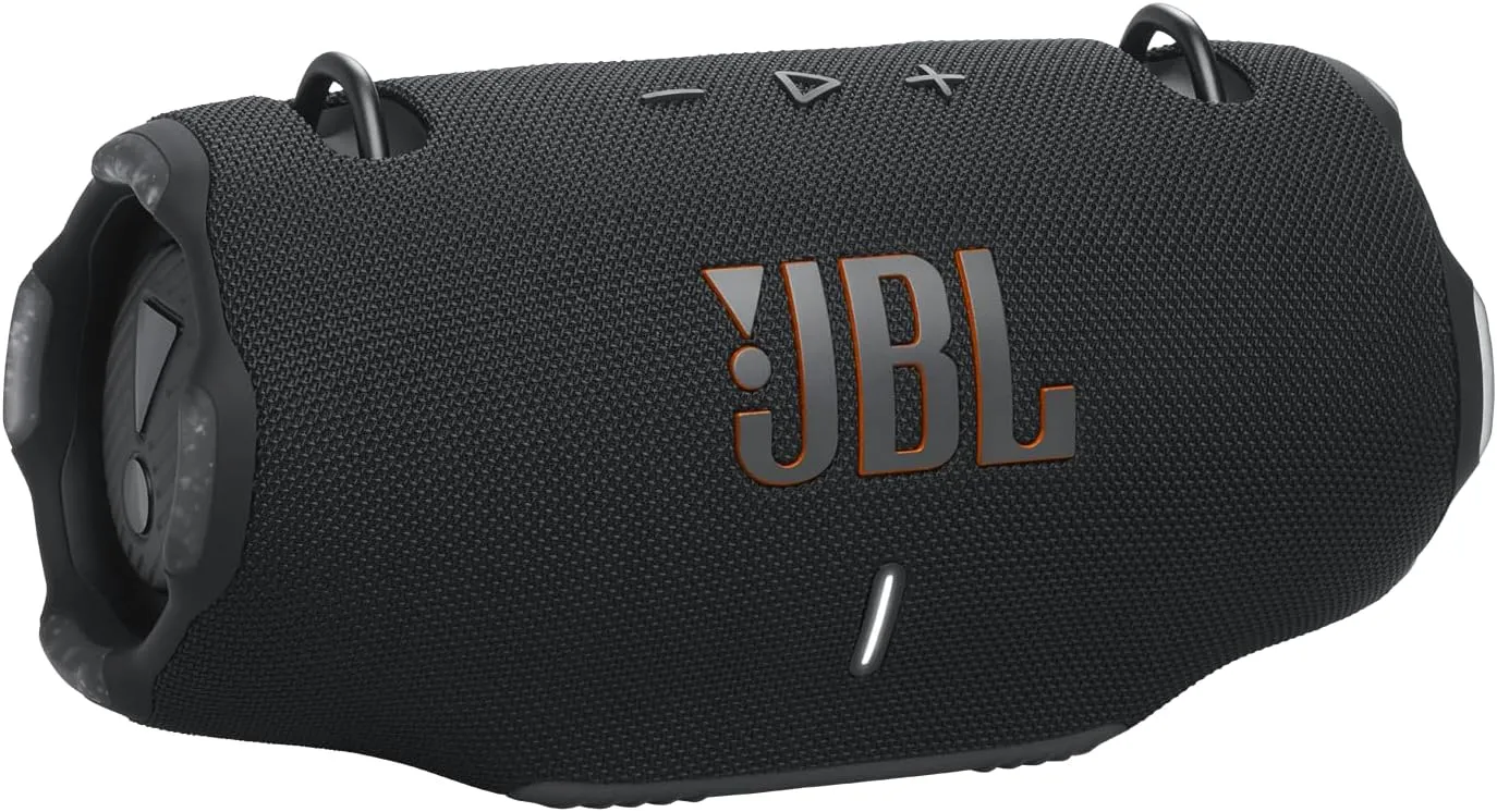 JBL Xtreme 4 portable Bluetooth speaker in black, side view showing the JBL logo and strap mounting hooks
