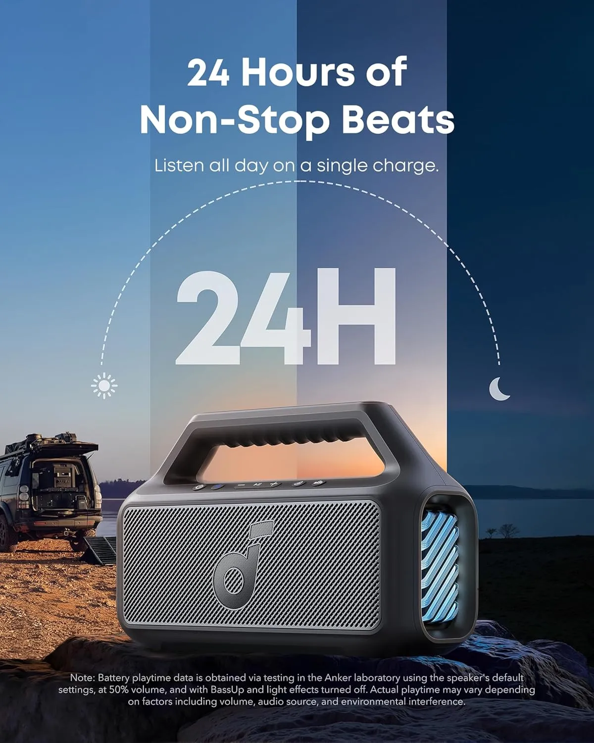 Soundcore Boom 2 at a beach campsite at dusk, illustrating up to 24 hours of playtime