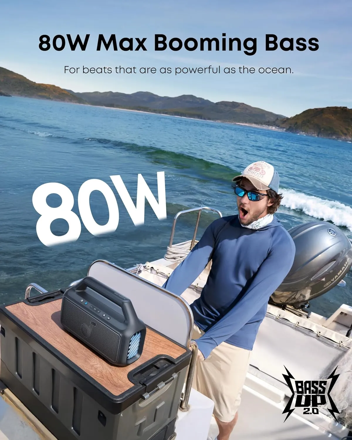 Soundcore Boom 2 on a boat deck, highlighting its 80W maximum output power