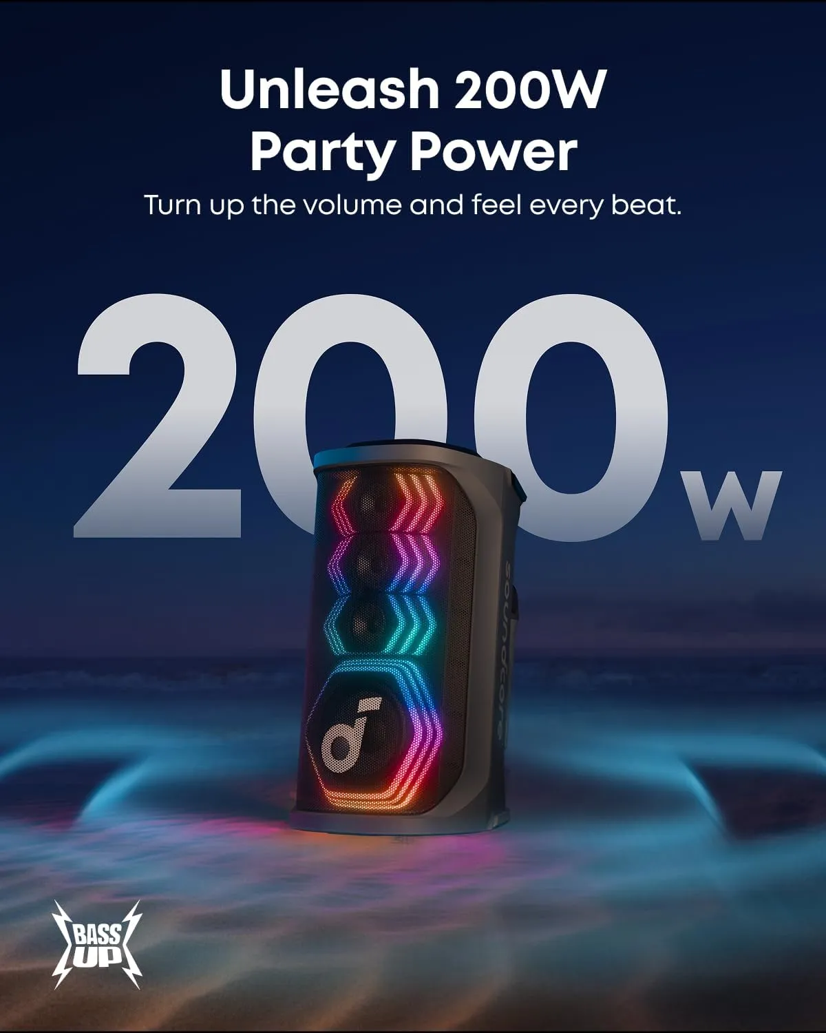 Soundcore Rave 3S with a 200W output graphic, illustrating its party-sized loudness