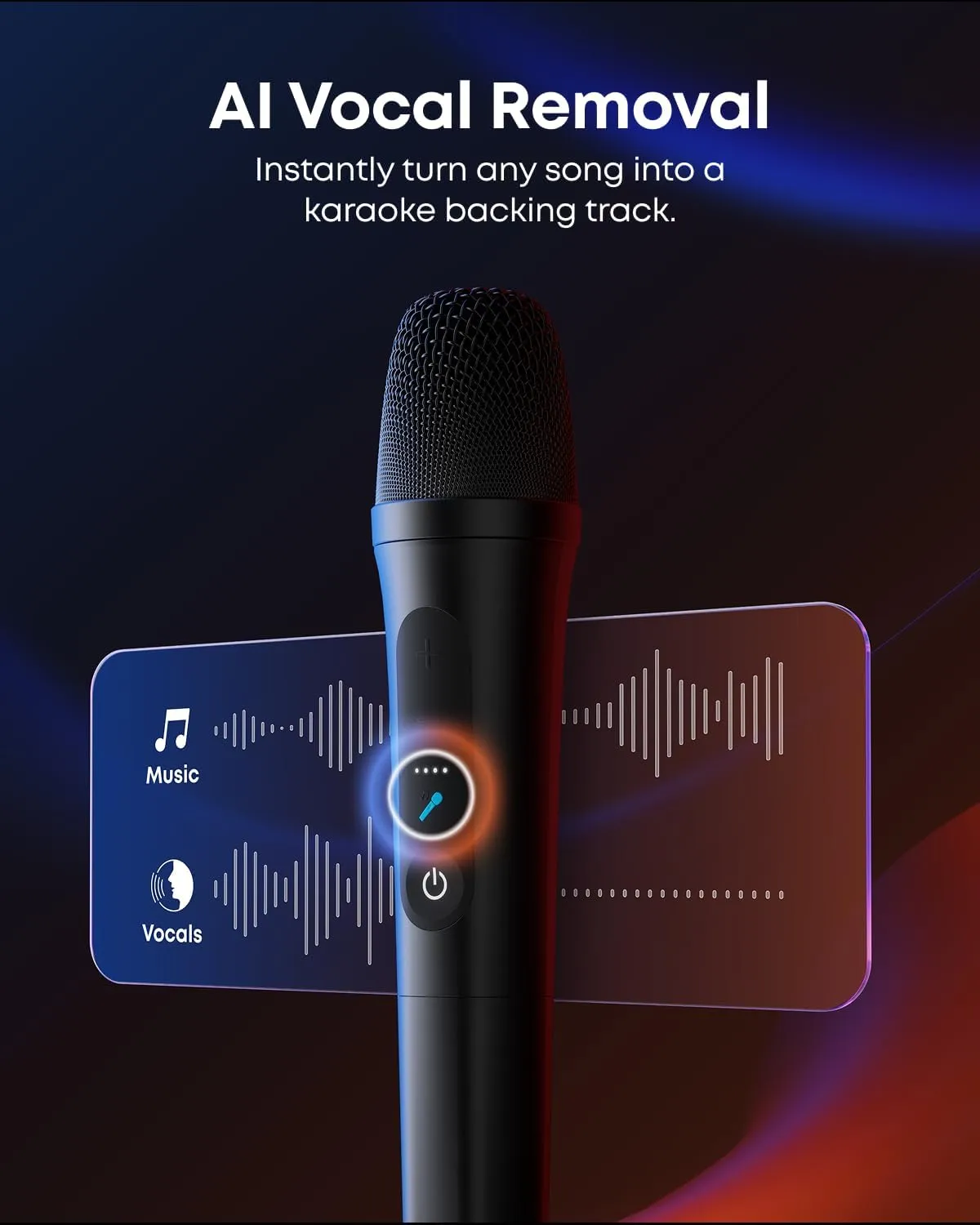 Close-up of a Soundcore Rave 3S wireless microphone illustrating the AI Vocal Removal karaoke feature