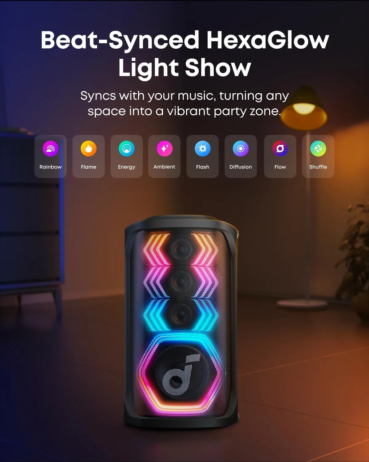 Soundcore Rave 3S with its beat-synced HexaGlow LED light show pulsing in pink, teal, and orange