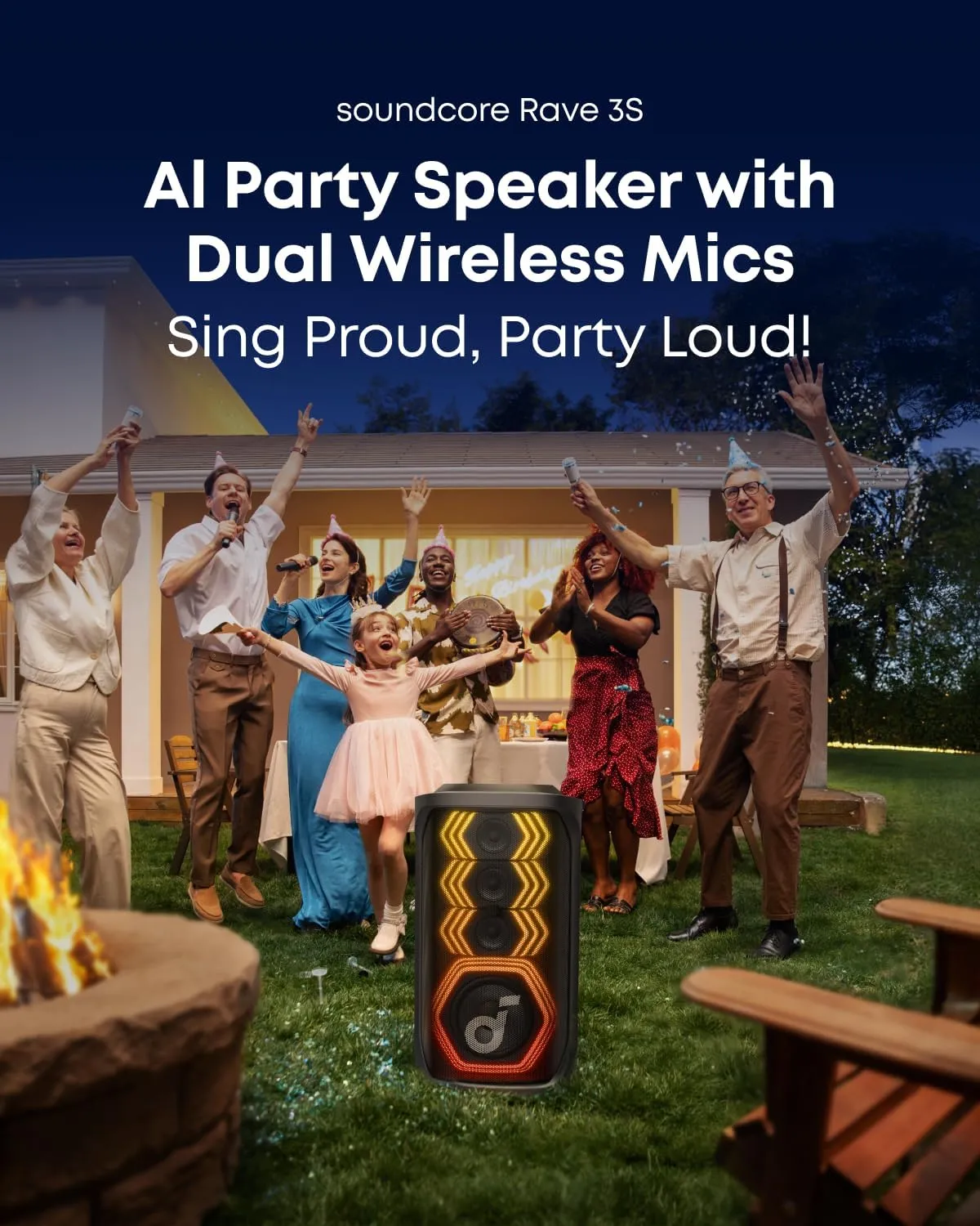 Group of friends celebrating outdoors around the Soundcore Rave 3S AI Party Speaker at night