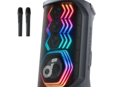 Soundcore Rave 3S party speaker shown with its two detachable wireless microphones on a plain background