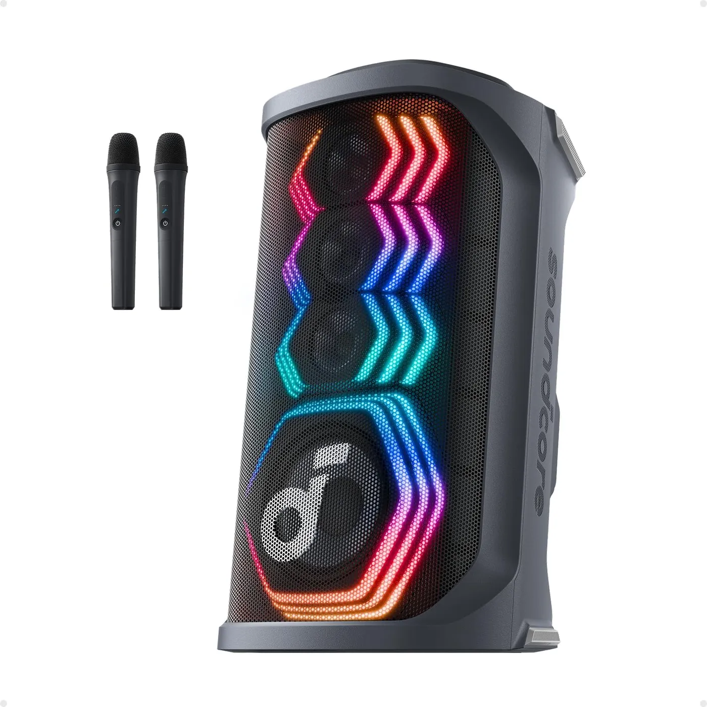 Soundcore Rave 3S party speaker shown with its two detachable wireless microphones on a plain background