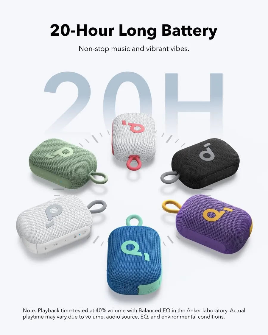 Soundcore Select 4 Go shown in all six colours — black, white, green, blue, purple and pink — highlighting its 20-hour battery life