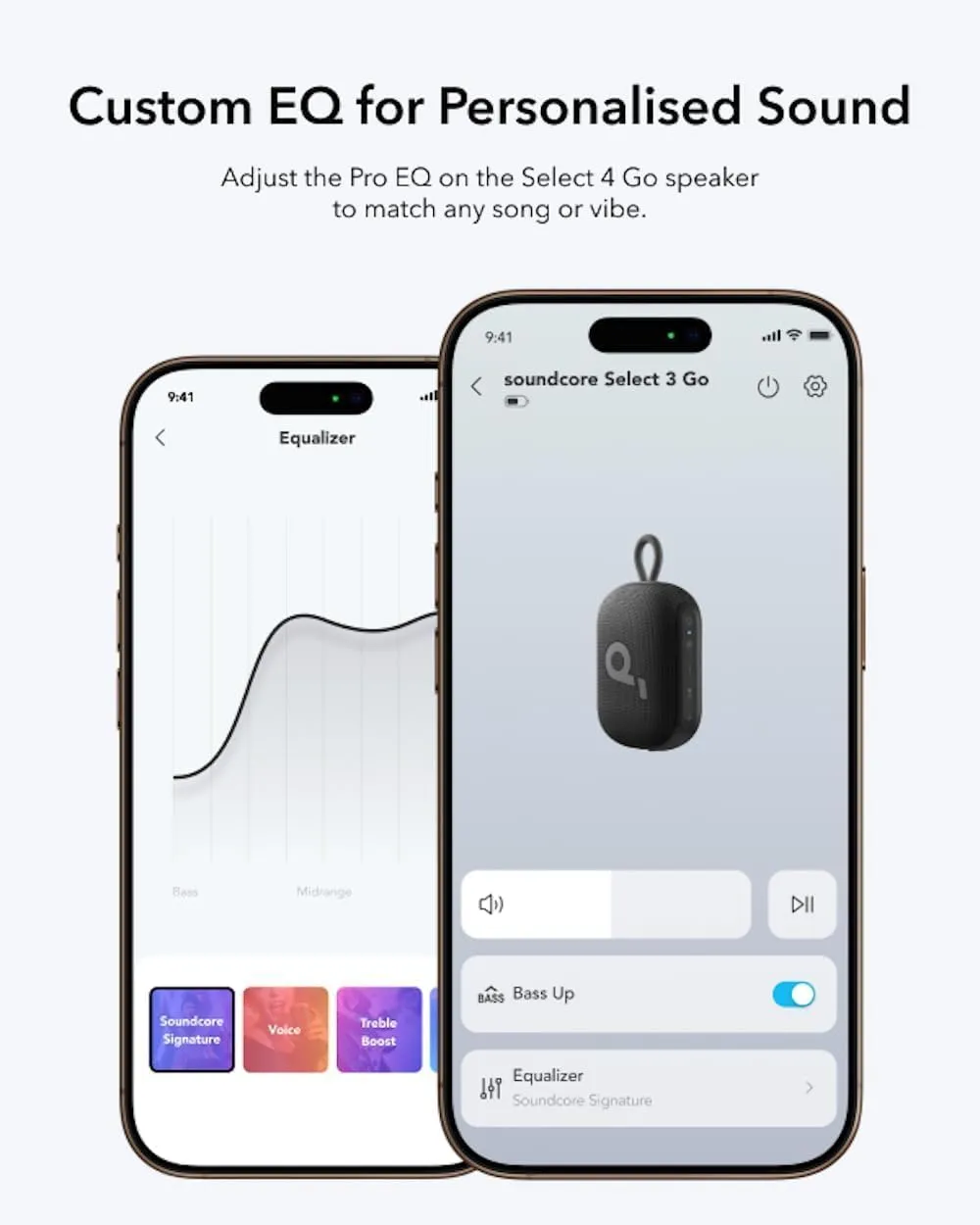 Smartphone screenshots of the Soundcore app showing the custom EQ controls for the Select 4 Go speaker