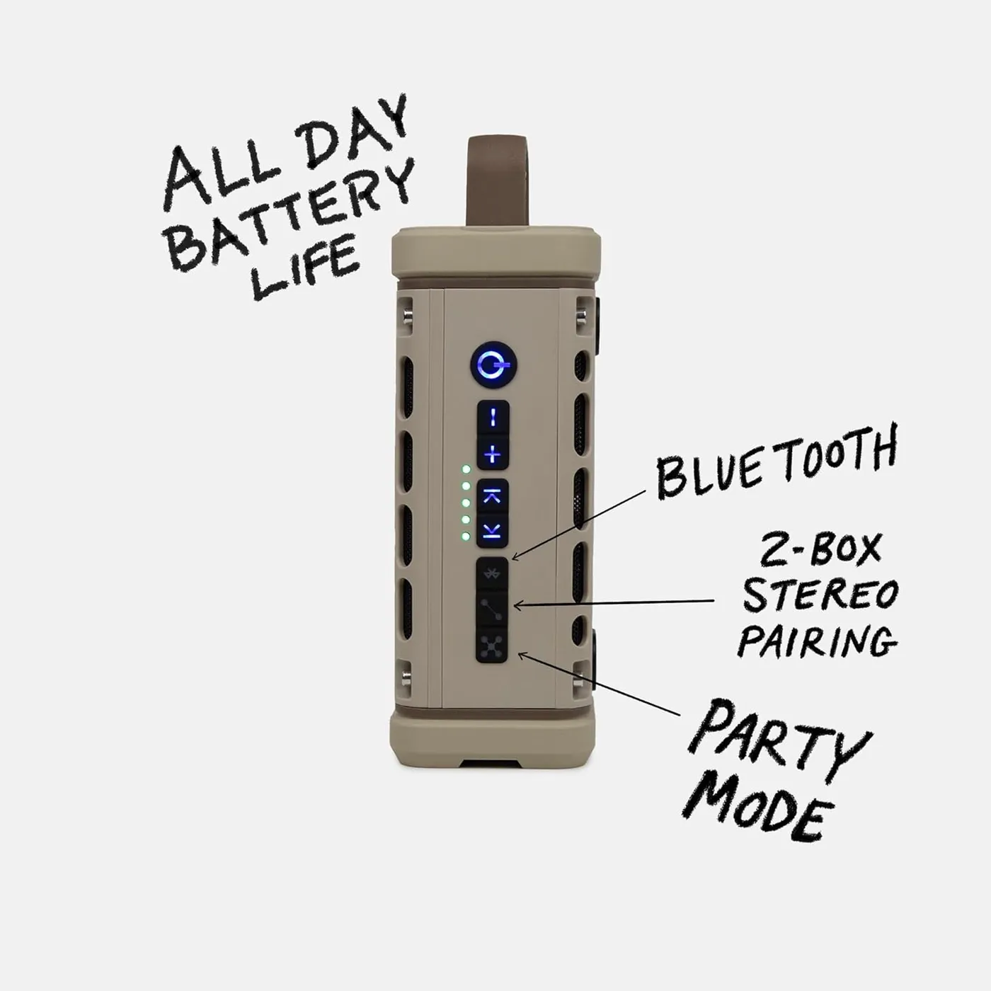 Turtlebox Ranger features: all-day battery, Bluetooth, 2-box stereo pairing, party mode