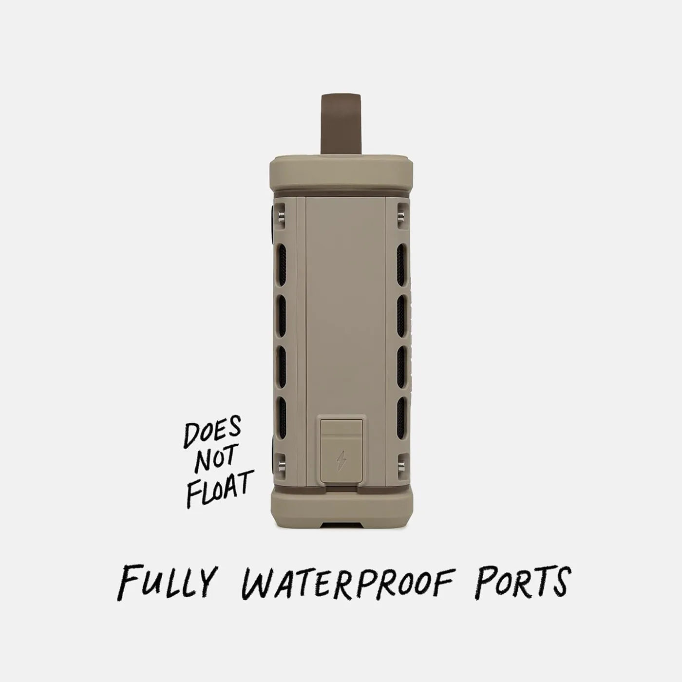 Turtlebox Ranger fully waterproof ports, does not float