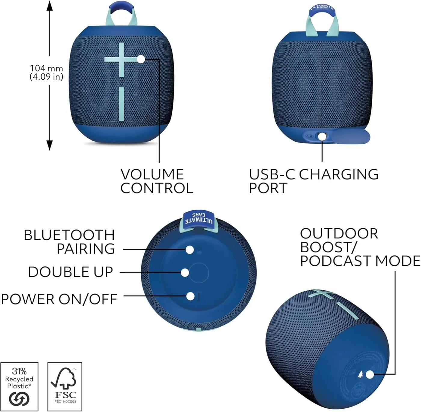 WONDERBOOM 4 controls and ports diagram: volume buttons, USB-C charging, Bluetooth pairing, power