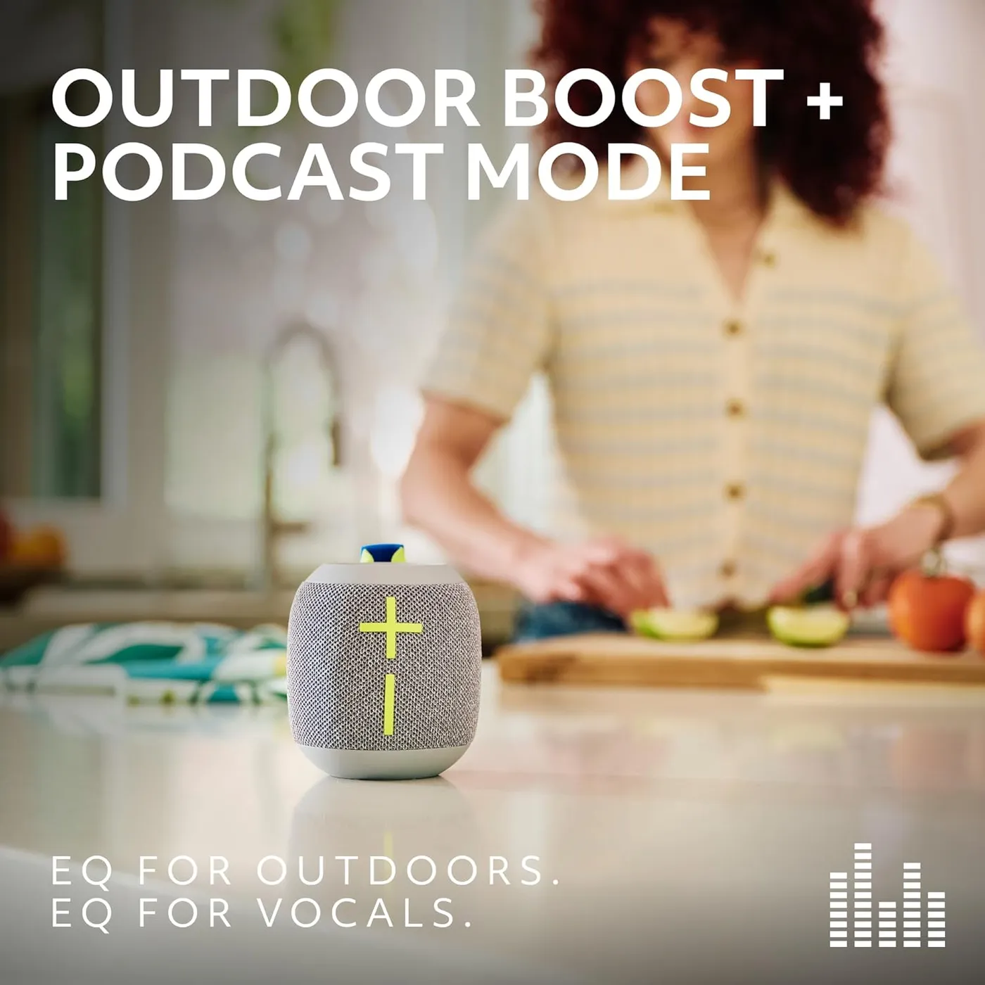 WONDERBOOM 4 in gray on a kitchen counter, showing Outdoor Boost and Podcast Mode EQ