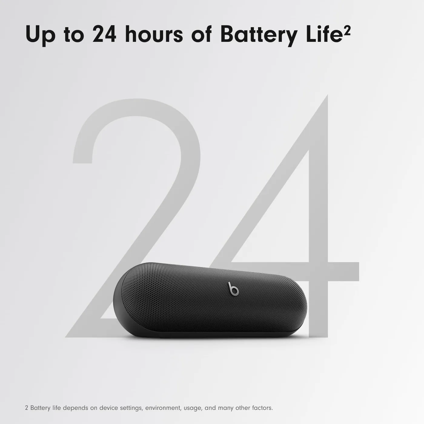 Beats Pill (2024) Bluetooth speaker beside a large 24 graphic, showing up to 24 hours of battery life
