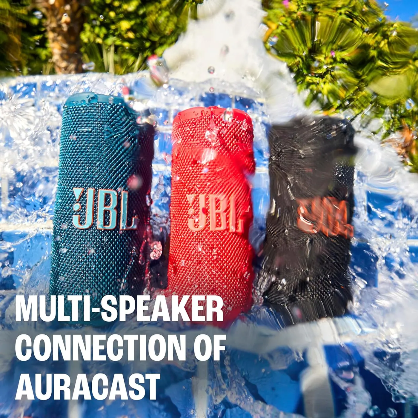Three JBL Grip speakers in blue, red, and black paired together via Auracast multi-speaker connection