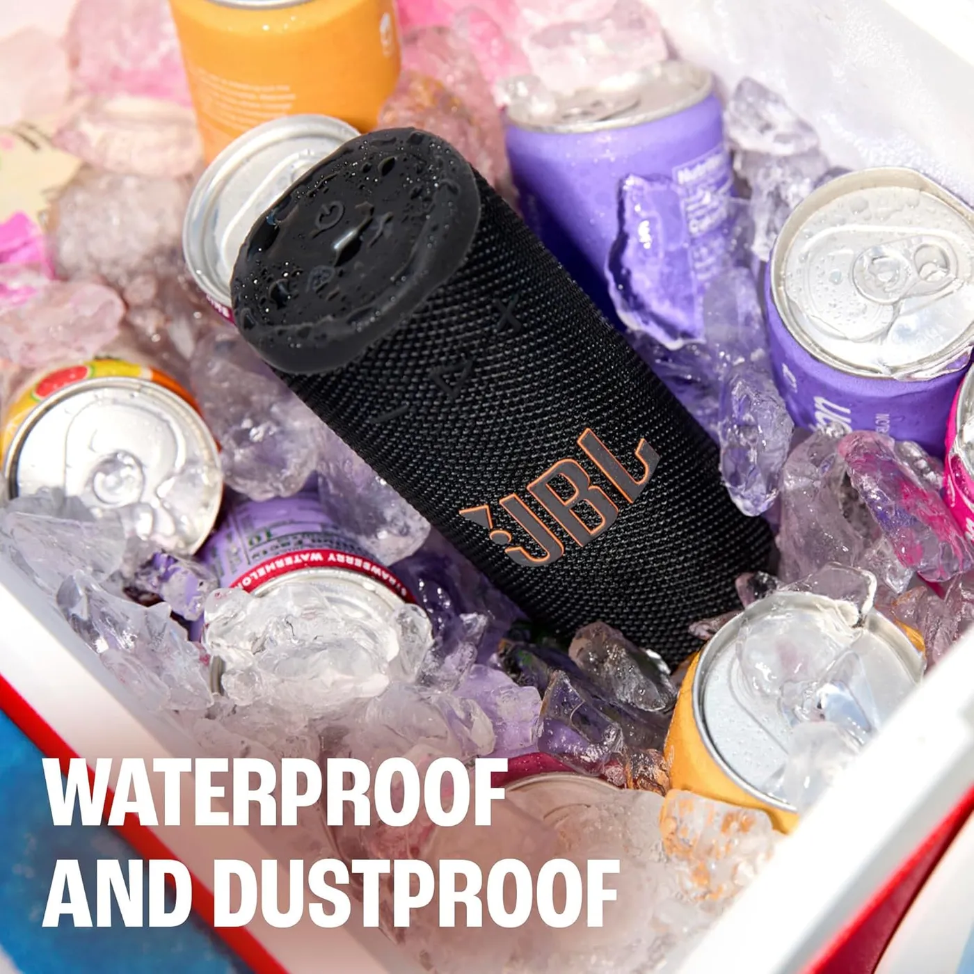 JBL Grip speaker sitting in ice with drinks, showing its waterproof and dustproof IP68 build