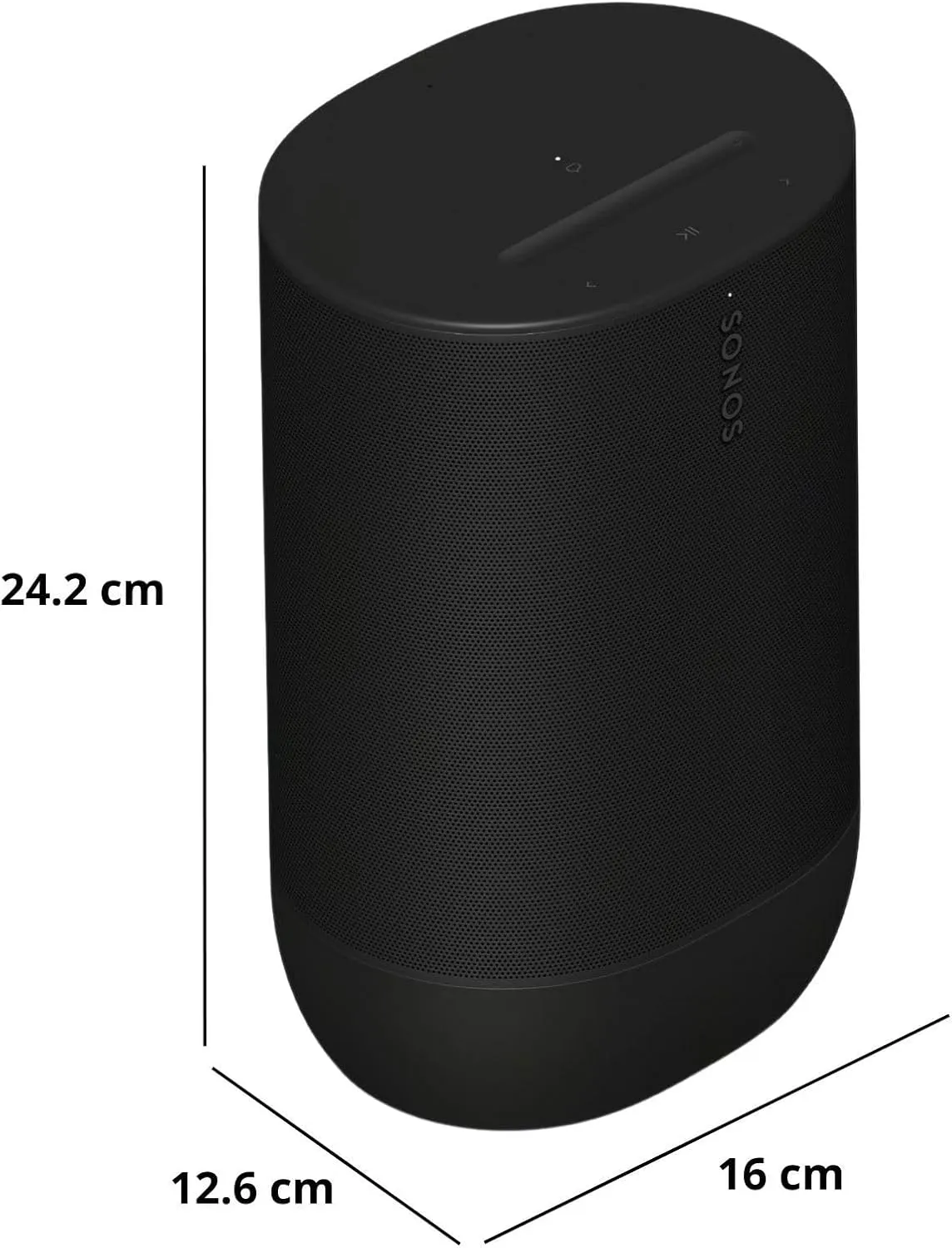 Sonos Move 2 Bluetooth speaker dimensions: 24.2 cm tall with a 12.6 by 16 cm base