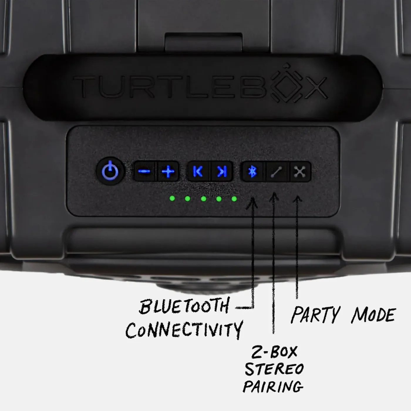Turtlebox Original Gen 3 top control panel with Bluetooth, stereo pairing, and party mode buttons