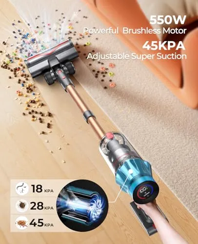 Laresar Cordless Vacuum Cleaner, 550W/45Kpa Stick Vacuum Cleaner with Touch Screen, Up to 60Mins Runtime, Anti-Tangle Vacuum