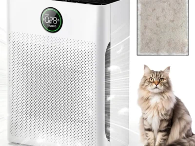 White MOOKA PR1 tower air purifier with PM2.5 display reading 028, shown with its washable filter and a long-haired cat