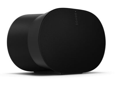Black Sonos Era 300 smart speaker in its hourglass shape, three-quarter front view