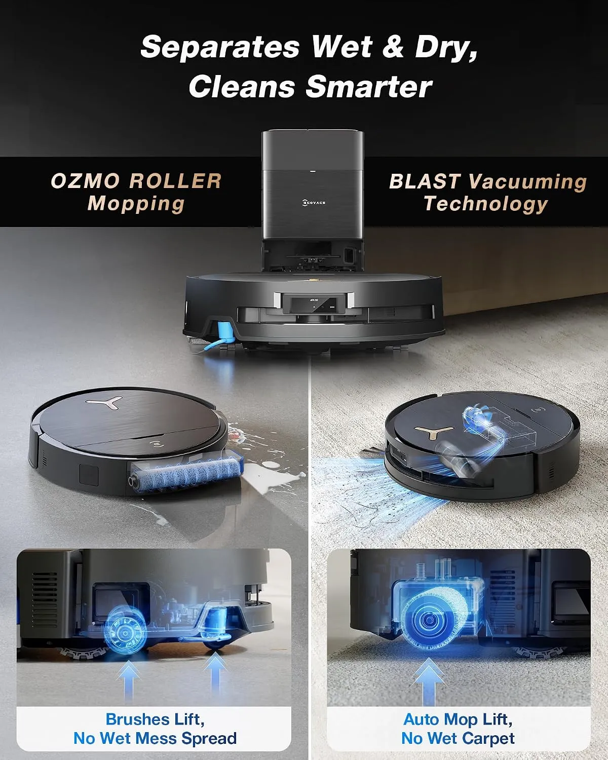 ECOVACS DEEBOT X9 PRO Omni Robot Vacuum and Mop diagram of its brush lift on wet floors and mop lift on carpet