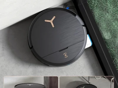 ECOVACS DEEBOT X9 PRO Omni Robot Vacuum and Mop top-down in a corner with its mop roller extended to the wall edge
