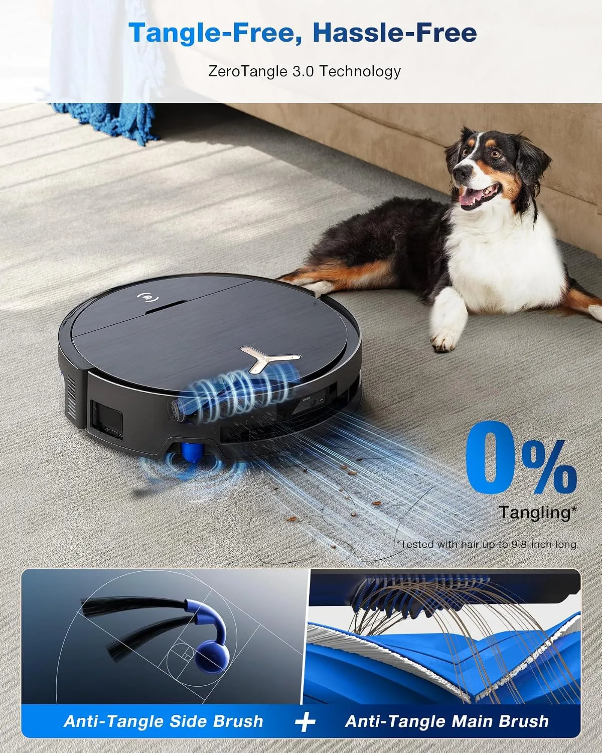 ECOVACS DEEBOT X9 PRO Omni Robot Vacuum and Mop on carpet beside a dog by a sofa, with anti-tangle brush callouts